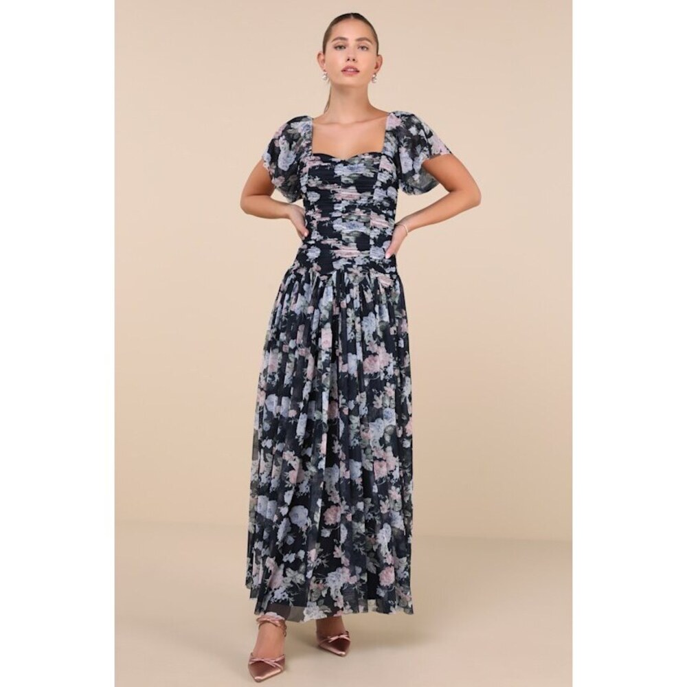 Lulus Majorly Dreamy Navy Floral Mesh Ruched Drop Waist Maxi Dress Blue - Size L